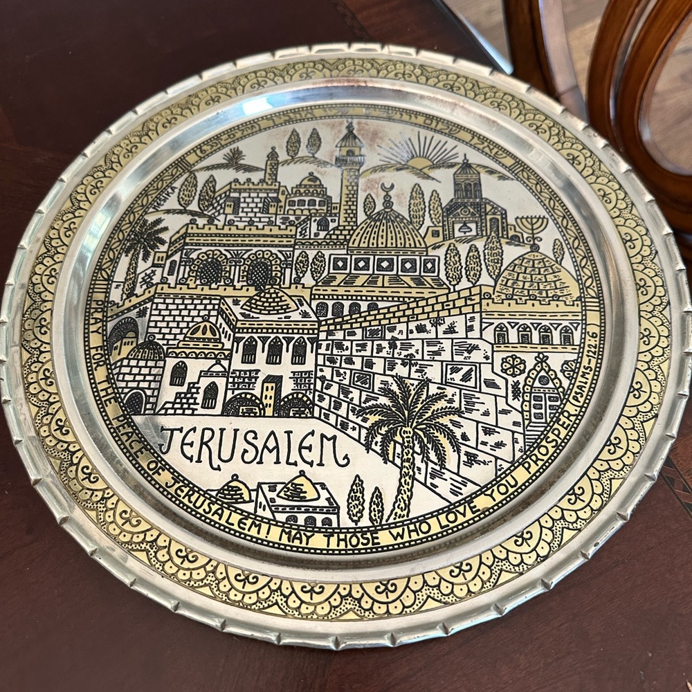 Vintage Mesika G. & Sons Handmade Judaica Jerusalem Shalom Plate Israel GUC